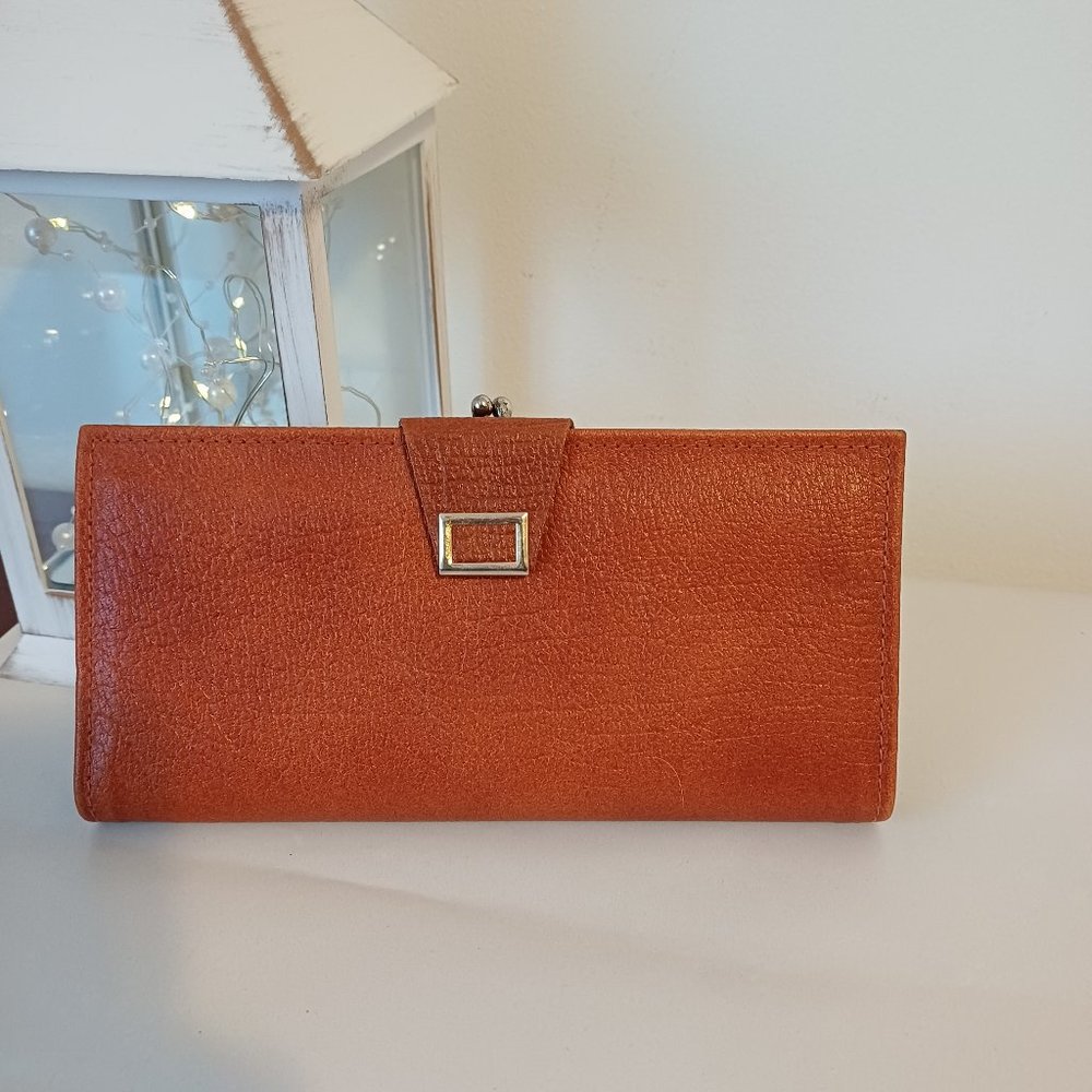 Vintage 1980s Genuine Leather Double Kiss Lock Brown Wallet Purse Made in Canada